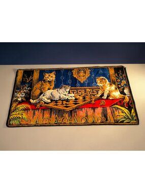Vintage Woven Tapestry Rug With Cats Chess Scene & Ornate Floral Background 36"x